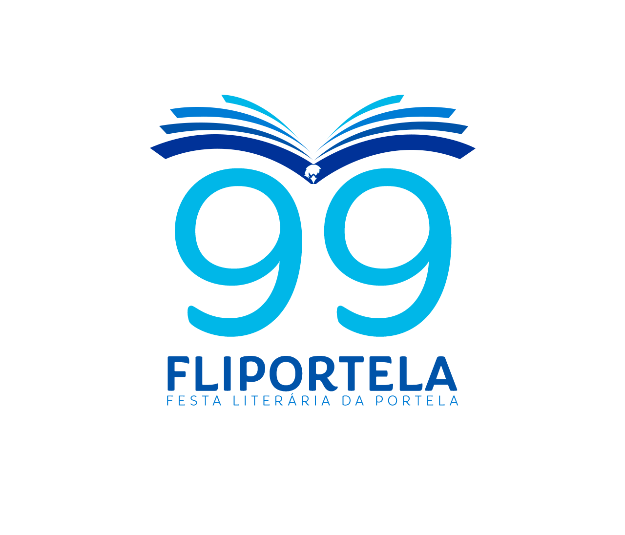 Logotipo da Fliportela 2022, uma águia estilizada com as asas feitas de livros em vários tons de azul sobrevoando o número 99 e o dizer Fliportela