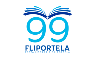 Logotipo da Fliportela 2022, uma águia estilizada com as asas feitas de livros em vários tons de azul sobrevoando o número 99 e o dizer Fliportela